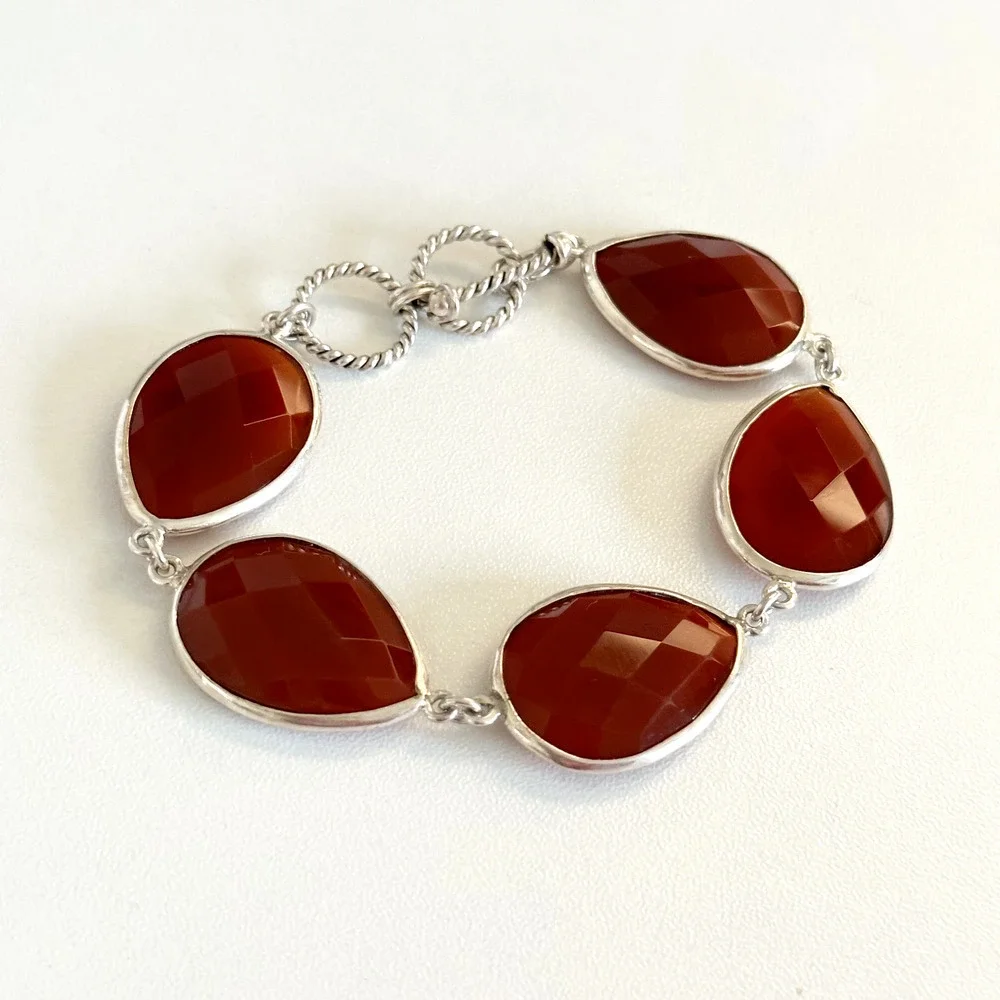 925 Sterling Silver Genuine Carnelian Faceted Teardrop Chain Link Bracelet 7